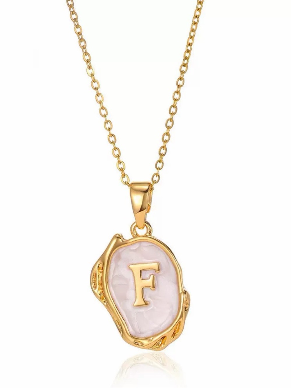 Gold Plated Initial F Pendant Necklace Adjustable Chain Pearl Shell Look